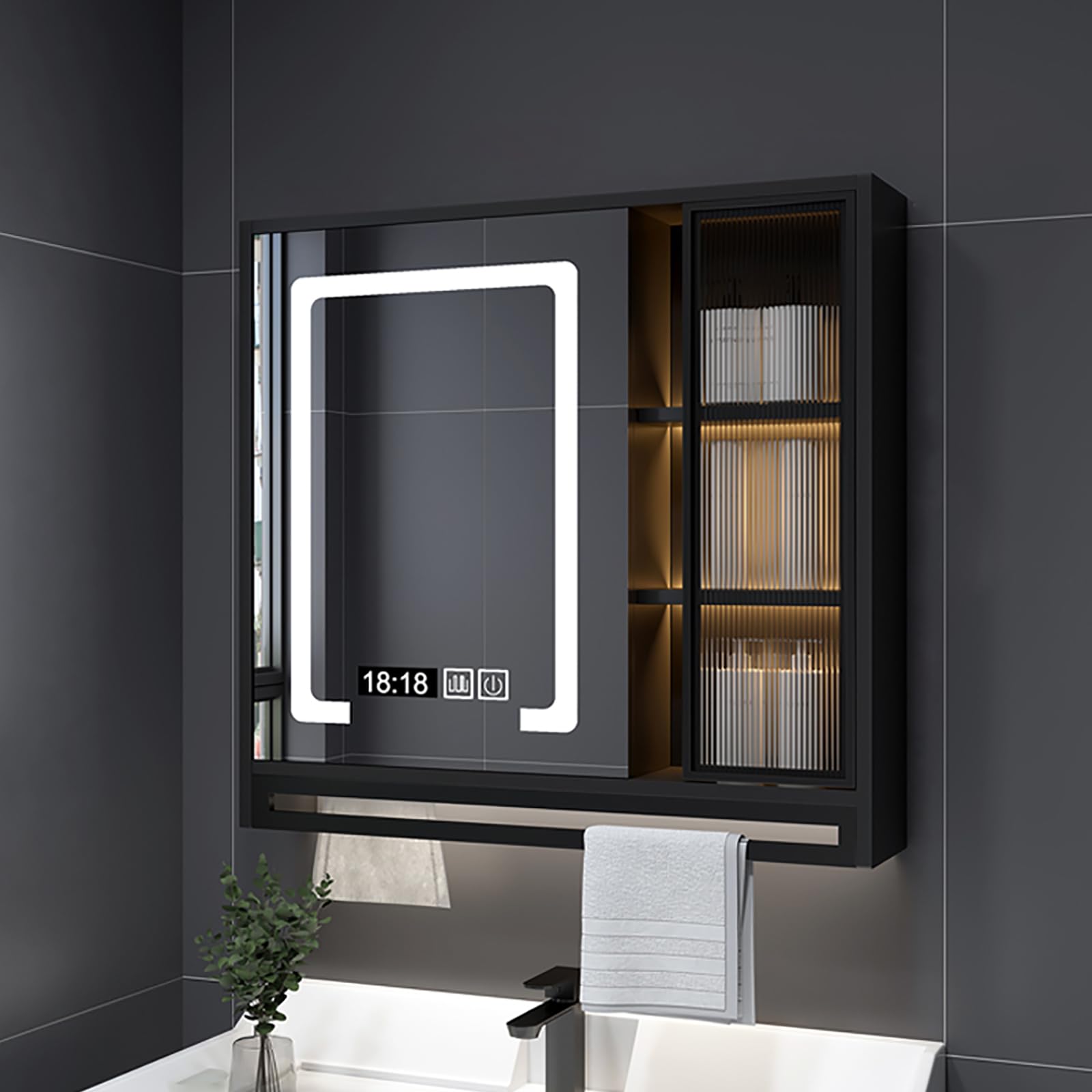 FGXHHS Dimmable Anti-Fog Aluminum Cabinet, 70x75x12cm - Stylish Space-Saving Vanity & Medicine Storage Solution