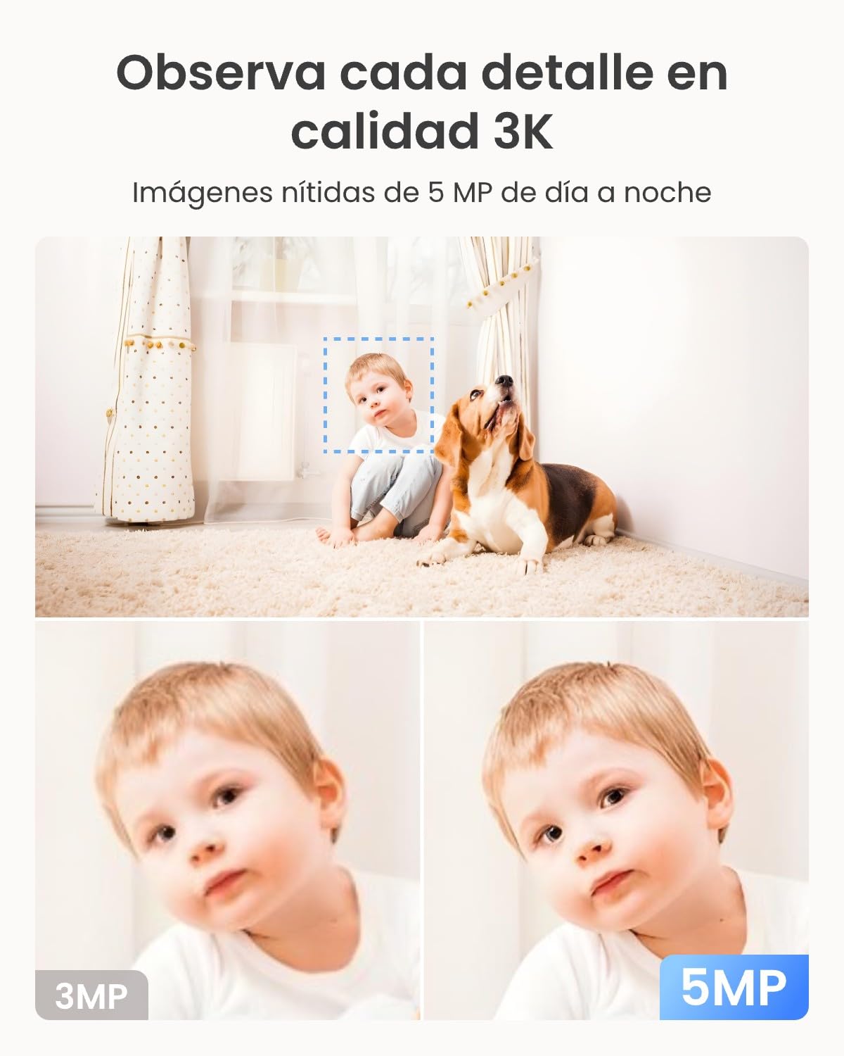 Reolink Cámara Interior 3K PT, Seguimiento automático, visión Nocturna Mejorada 5MP, detección de llanto (Persona/Mascota/bebé), Wi-Fi Dual (2,4/5 GHz), Audio bidireccional, E1 Pro