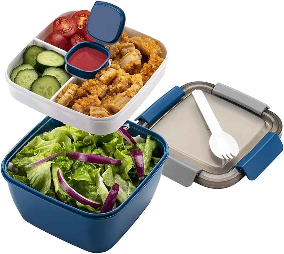 Socutee 弁当箱 漏れ防止サラダボウル フタ付き 食品加工 貯蔵容器 スクエア 保存容器 サラダ食品 貯蔵容器 サラダの材料とスナック用 抗菌 ピンク、グリーン、ブルー 1.1L 1個