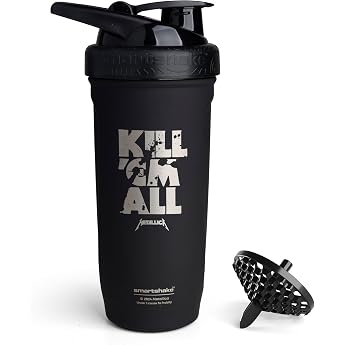 Smartshake Rockband Reforce Stainless Steel Protein Shaker Bottle 32 Oz Leak Proof Screw Lid BPA Free Non-Insulated Unisex Metallica Kill 'Em All Logo