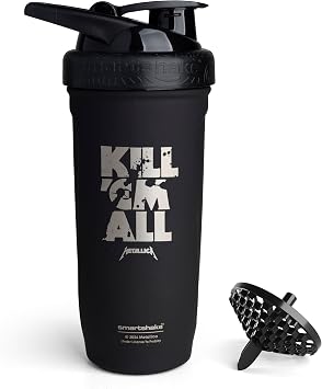 SmartShake Rockband Reforce Stainless Steel Protein Shaker Bottle 900 ml | 30 oz - Leakproof Screw-on Lid - BPA Free - Non Insulated Unisex Metallica, Kill Em All Logo