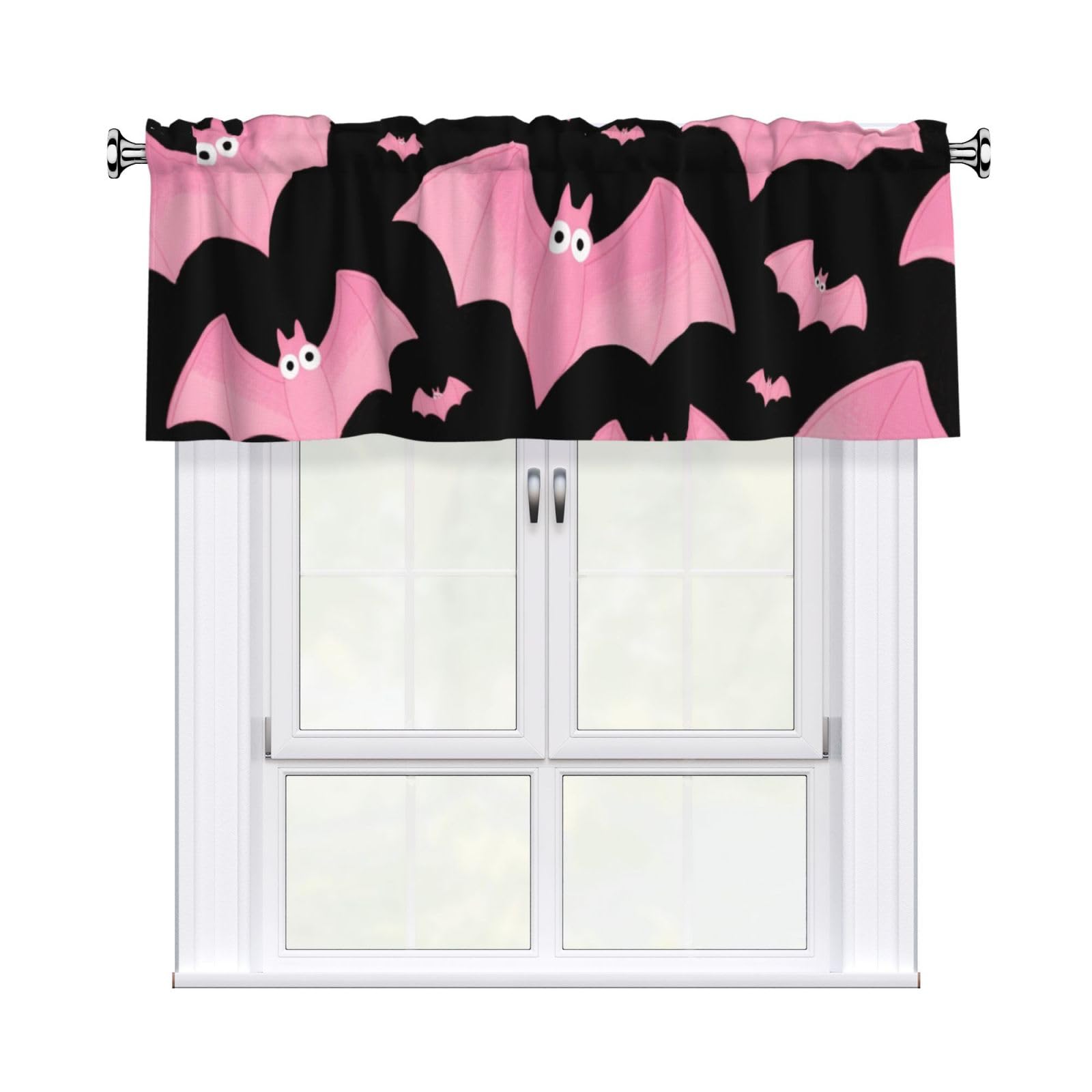 FekiLoot Halloween Black Bats Pink Curtain Valance for Windows, Kitchen Window Valances Rod Pocket Window Treatments Short Curtains Drapes for Bathroom Bedroom Cafe Decor 54x18inch 1 Panel