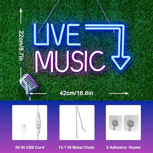 Image of Live Music Neon Sign LED Neon Sign Large Blue and Pink Words for Music Studio USB Powered Switch for Wall Decor Beer,Bar,Bedroom,Party,Club