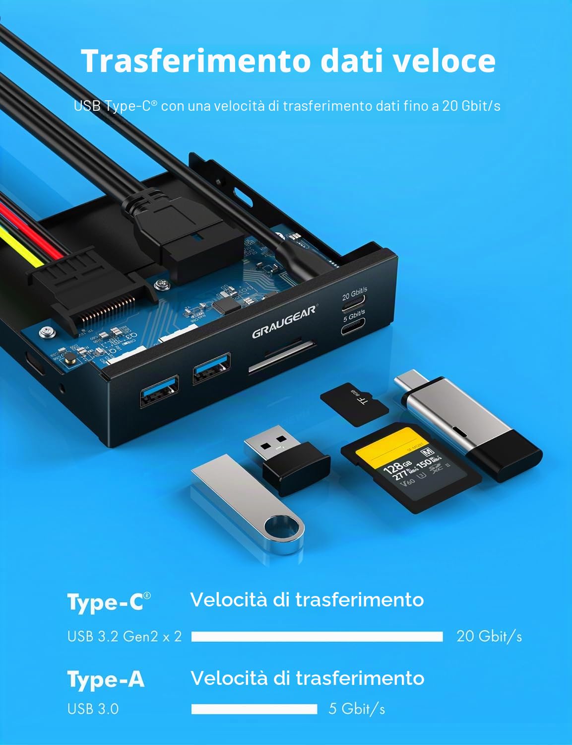 GRAUGEAR | Multi piastra frontale | 2xUSB-C e 2xUSB-A HUB | lettore di schede SD/Micro SD | Typ-C USB 3.2 Gen2 2x2 20/Gbps | 6 interfacce frontali per 3,5 pollici |19-pin e A-Key 20-pin | G-MP01CR
