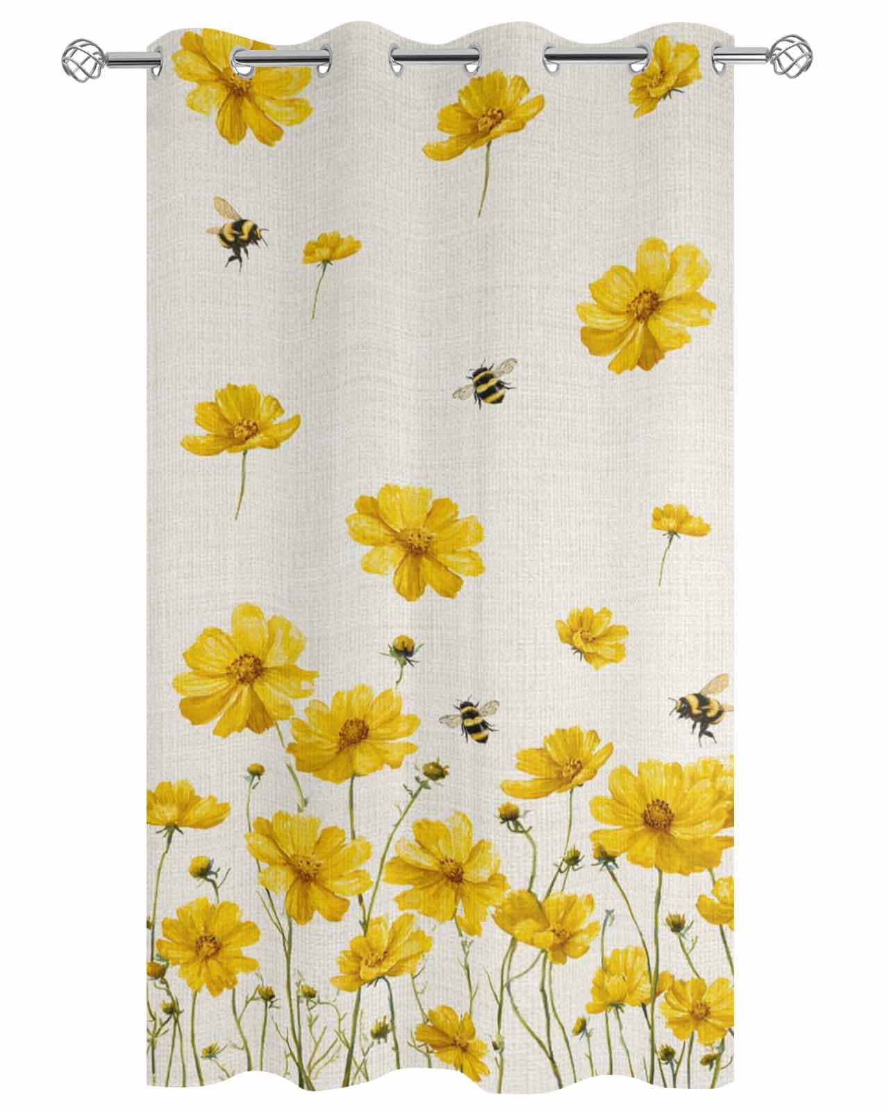 Outdoor Curtains for Patio Waterproof Yellow Floral Indoor/Outdoor Curtain Tiebacks Flower Bees Linen Privacy Curtain Sun Blocking Grommet Drapes for Pergolas Gazebo Porch Balcony 1 Panel 54x108 Inch