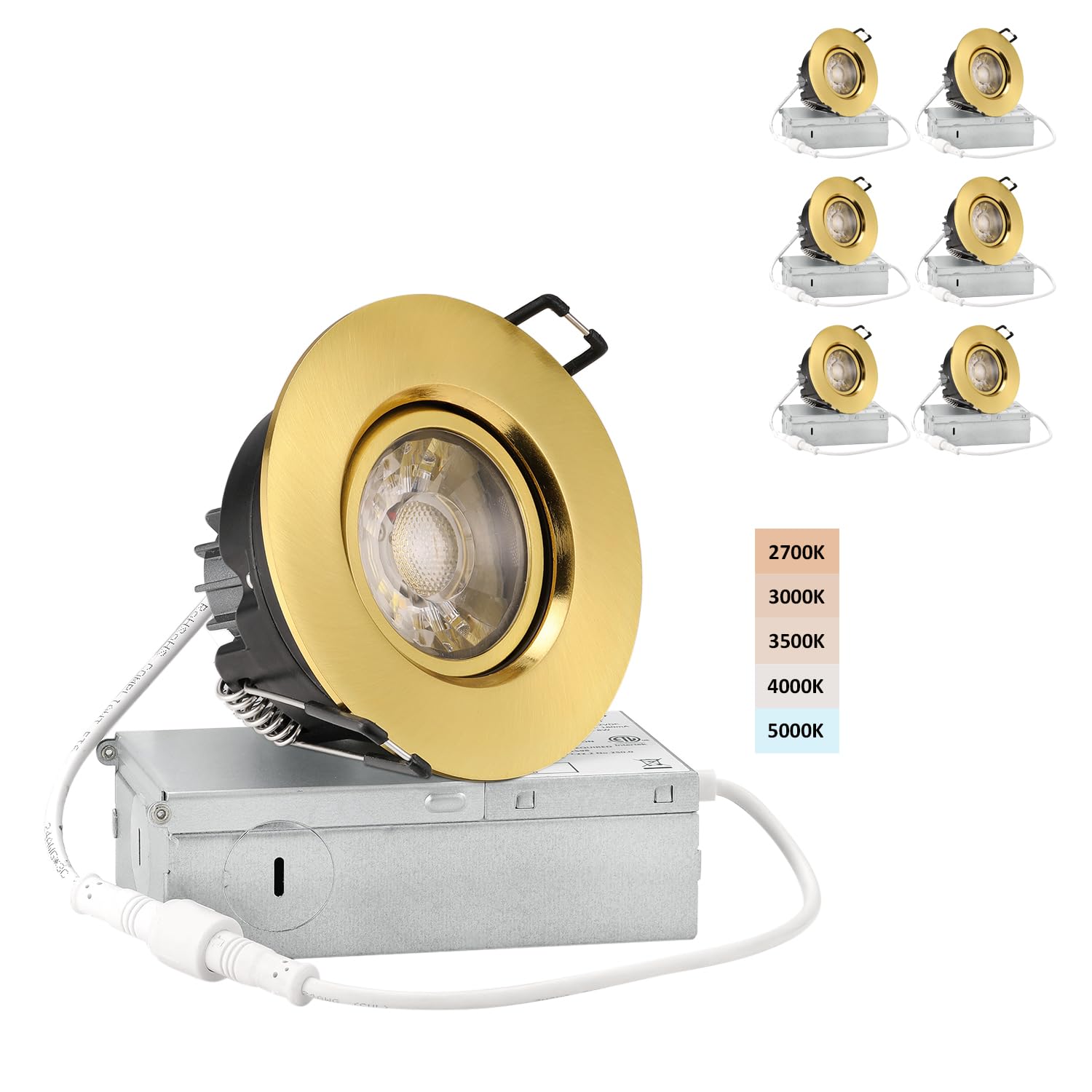 Premium 3-inch LED Recessed Lights - 5 CCT 3 Inch Eyeball Ceilling Gimbal Potlight, Dimmable Recessed Lights Fixture with Junction Box, 8W CCT Adjustable, Shiny Gold, 6P