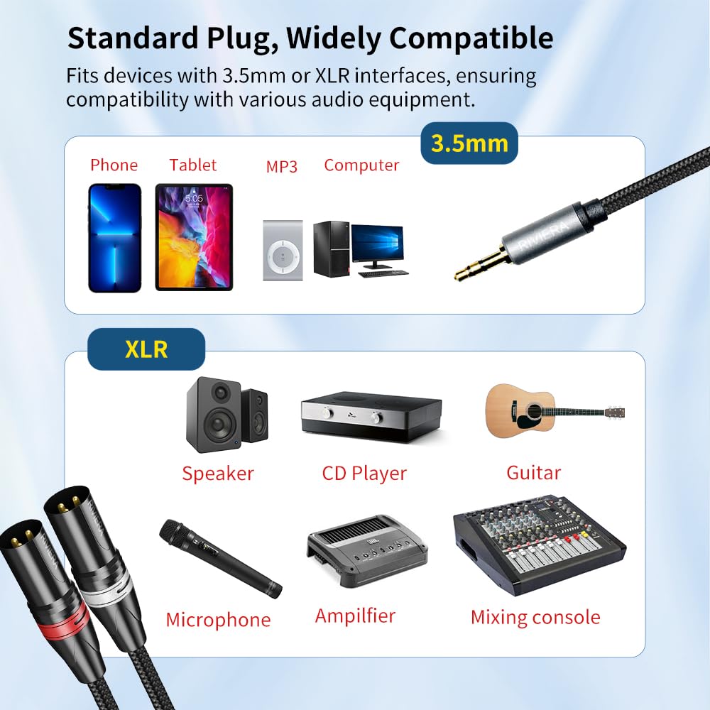 RIVIERA Audio Cable 3.5 ST-2xXLR Nylon Braid Aux Cable Sheild Wire Low Noise for Muscial Instrument 10FT/3.0M