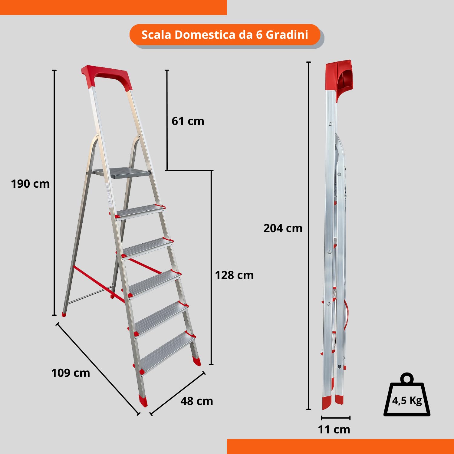 eacommerce - Scala Domestica in Alluminio | Antiscivolo con Gradini da 80mm | Portaoggetti e Chiusura a Portafoglio | Made in Italy, Alluminio (6 Gradini)