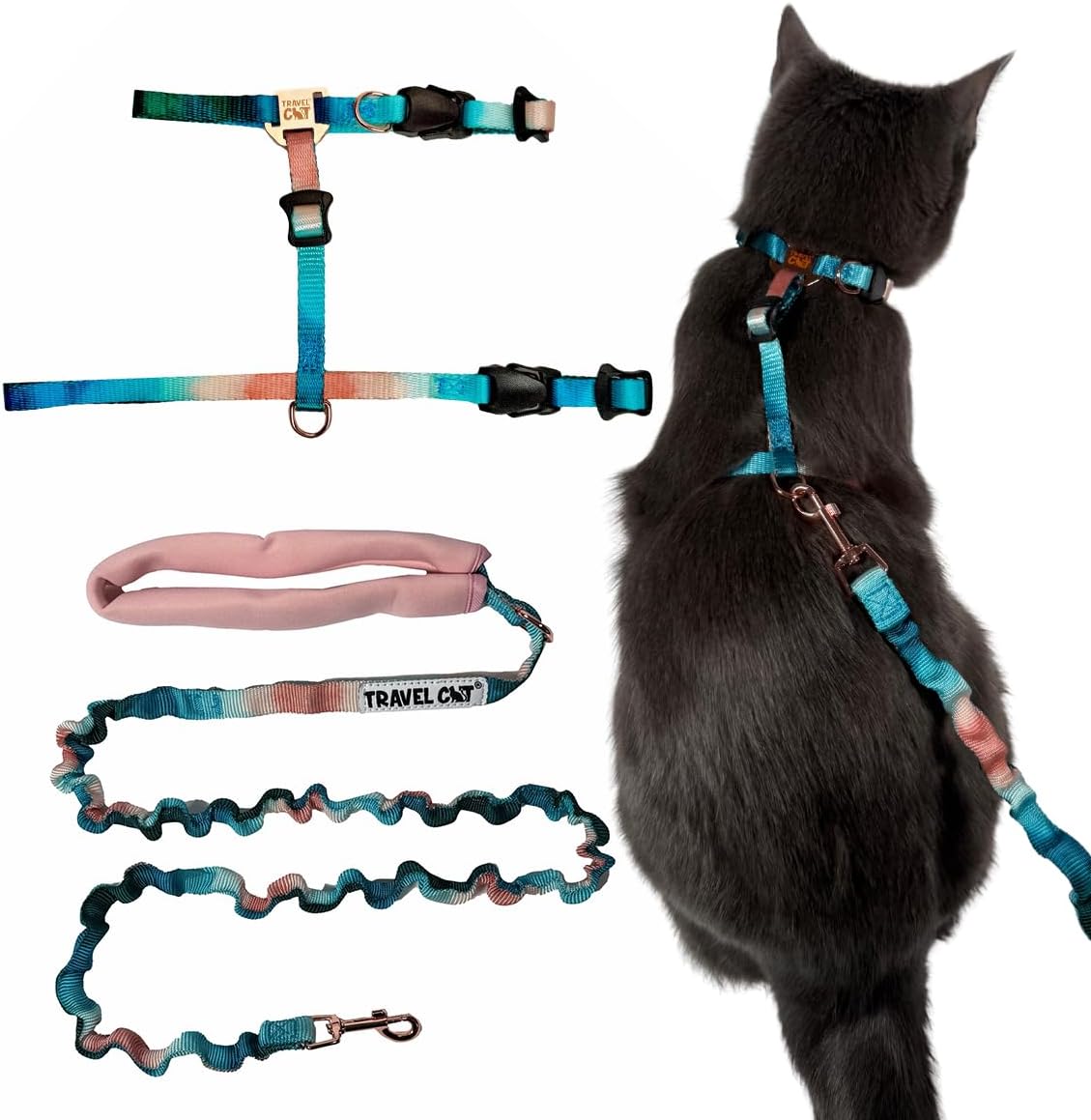 Travel Cat Harness and Bungee Leash Set - 2 in 1 Adjustable Escape Proof Cat Harness & Leash for Small, Medium, Large Cats, Kitten - H-Style for Outdoor Walking (Watercolors)