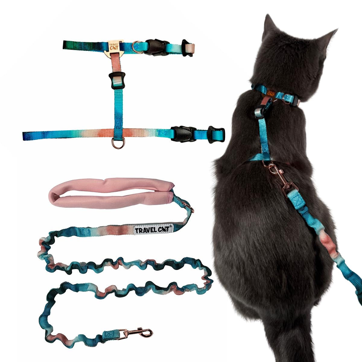 Travel Cat Harness and Bungee Leash Set - 2 in 1 Adjustable Escape Proof Cat Harness & Leash for Small, Medium, Large Cats, Kitten - H-Style for Outdoor Walking (Watercolors)