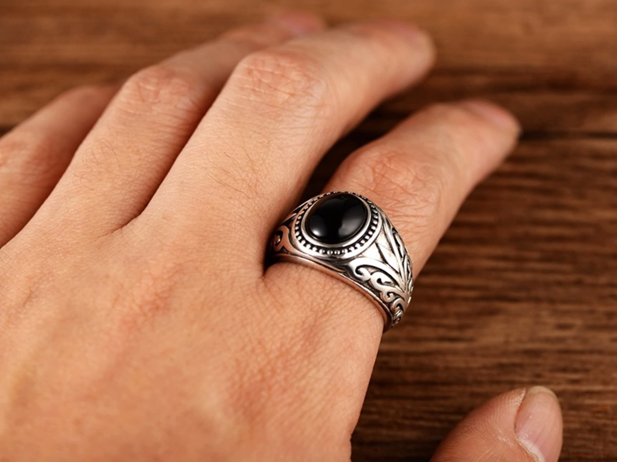 AMDXD Sterling 925 Silber Ringe, Antique Muster Ringe Silber Jungs für Herren, Biker Hip Hop Ring mit Achat Schwarz Oval Form, Silber, Echtschmuck