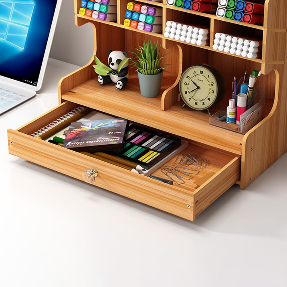 Organizer da scrivania in legno con cassetto, porta cancelleria multifunzione, grande capacità, scatola portaoggetti per forniture per ufficio, casa, scrivania scolastica