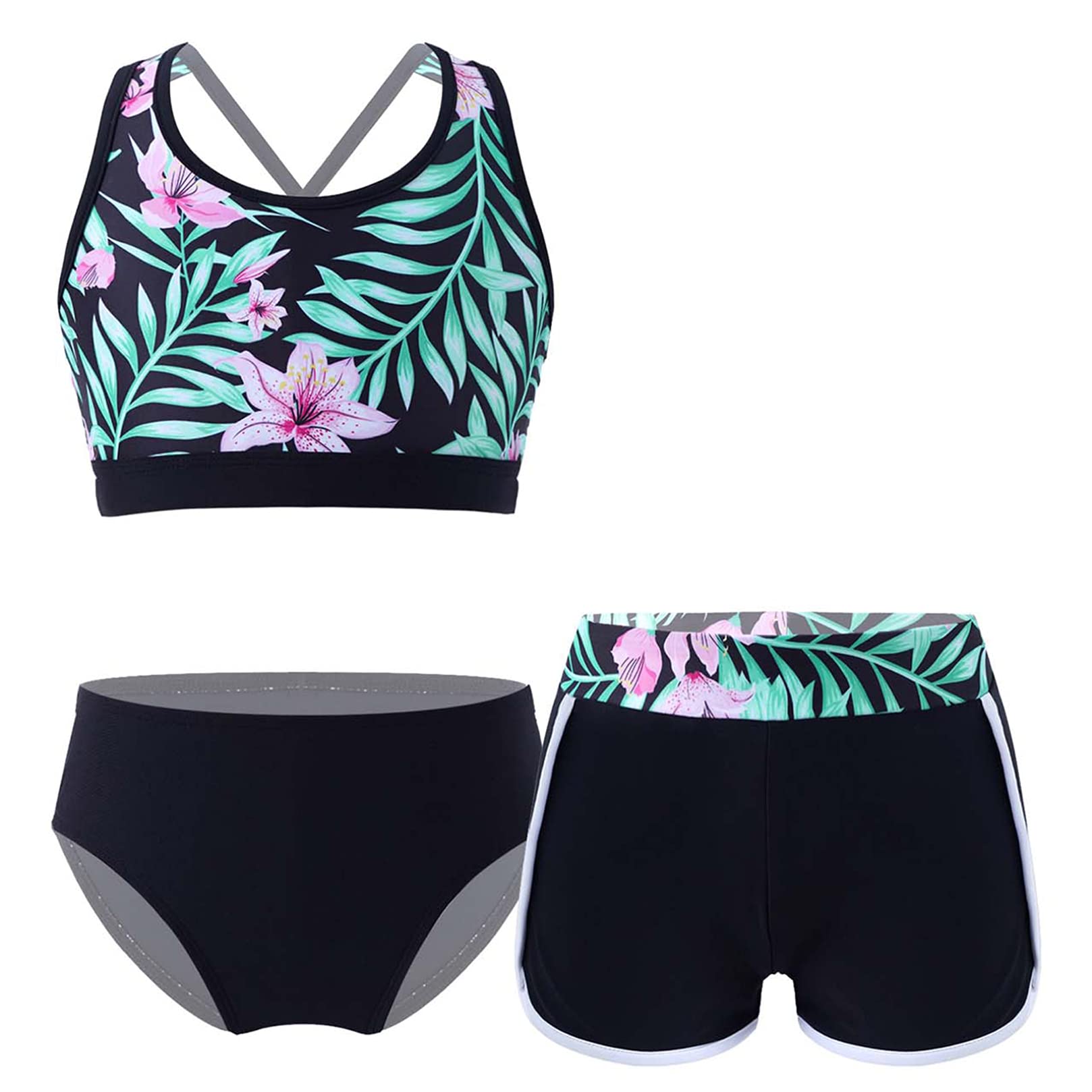 ranrann Enfant Fille 3 Pièces Tankini Ensemble Maillot de Bain Haut Bas de Bain Imprimé Fleurie Natation Plage Set Swimwear 7-16 Ans