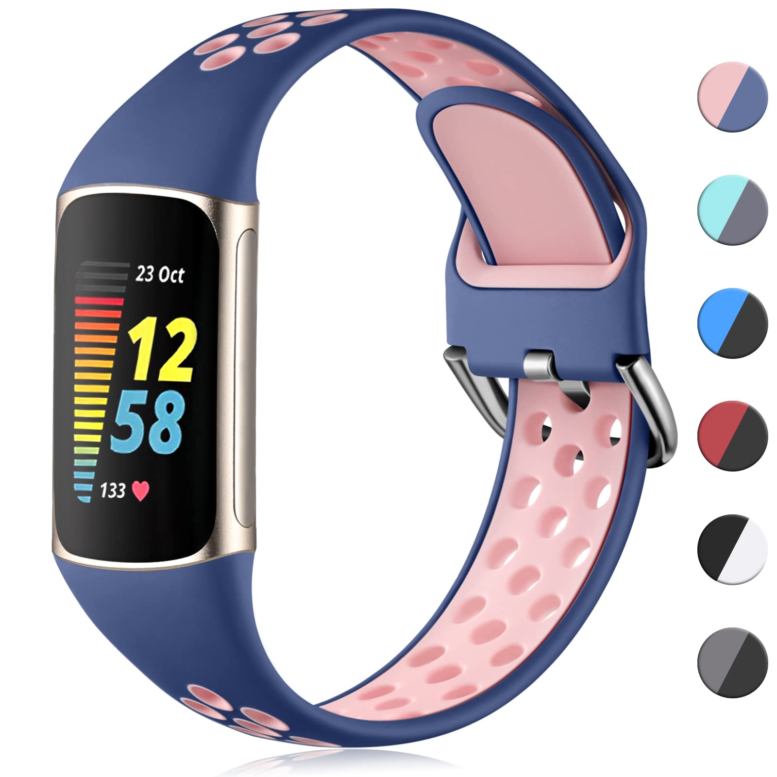 CeMiKa Sport Silicone Strap Compatible with Fitbit Charge 5 Strap, Soft Adjustable Breathable Sport Bands for Charge 5 Strap, Waterproof Replacement Wristband for Fitbit Charge 5 Straps, Small Large