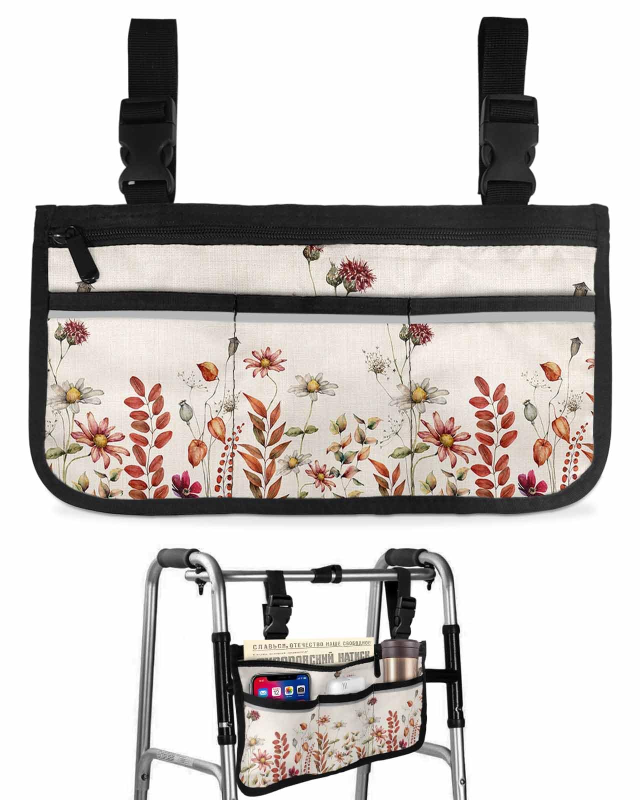 Fall Wild Flowers Wheelchair Side Bag Walker Bag, Botanical Farmhouse Eucalyptus Leaves Wheelchair Accessories Armrest Pouch, Organizer Storage Bag for Walkers, Rollators, Scooters, 7.3''x13''