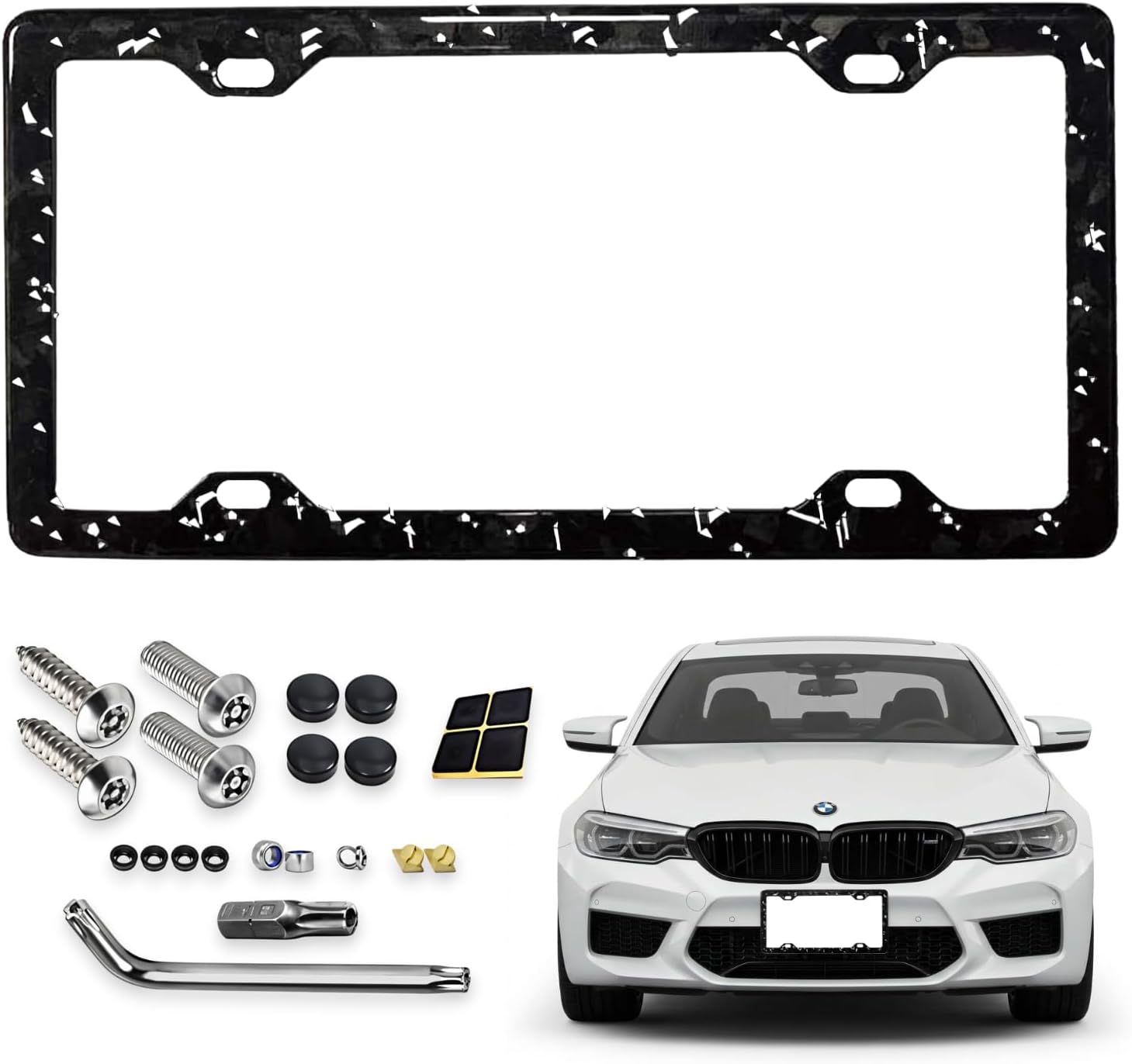 100% Genuine Forged Carbon Fiber Car License Plate Frame with Slim 4 Holes Design & Black Screw Caps with Unti-Theft Security Accesories, Universal Fit, Standard Tag Holder (Forged-Purple)