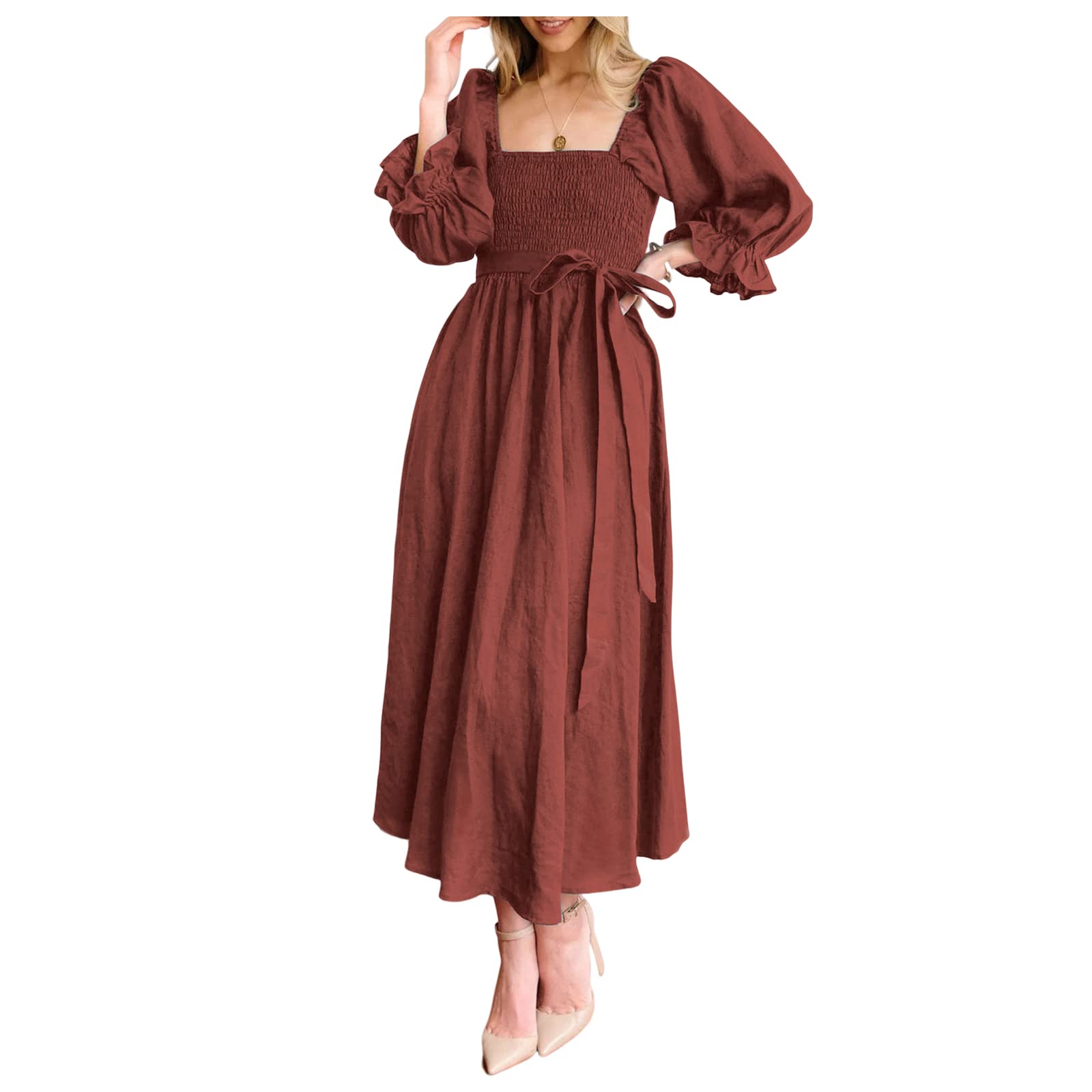 GISBONGISBON French Ruffled Lantern Sleeves Multi-Wear Dress,Square Neck Lantern Long Puffed Sleeve Ruffle Reversible Dress for Women (Red,M)