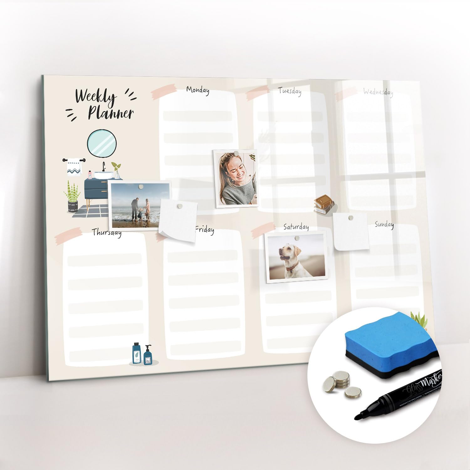 Lavagna Magnetica Moderna in Vetro | Kit Completo: Magneti, Pennarello e Gomma | Perfetta per Appunti, Foto e Pianificazione - 100x70 - Agenda settimanale