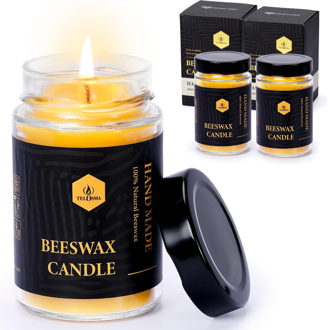 TELOSMASet of 2 Beeswax Slight Sweet Honey Scent Jar Candle in Glass Container, Natural Organic Candle Smokeless Clean Burn | 36 * 2 Hours Burning Time, Yellow