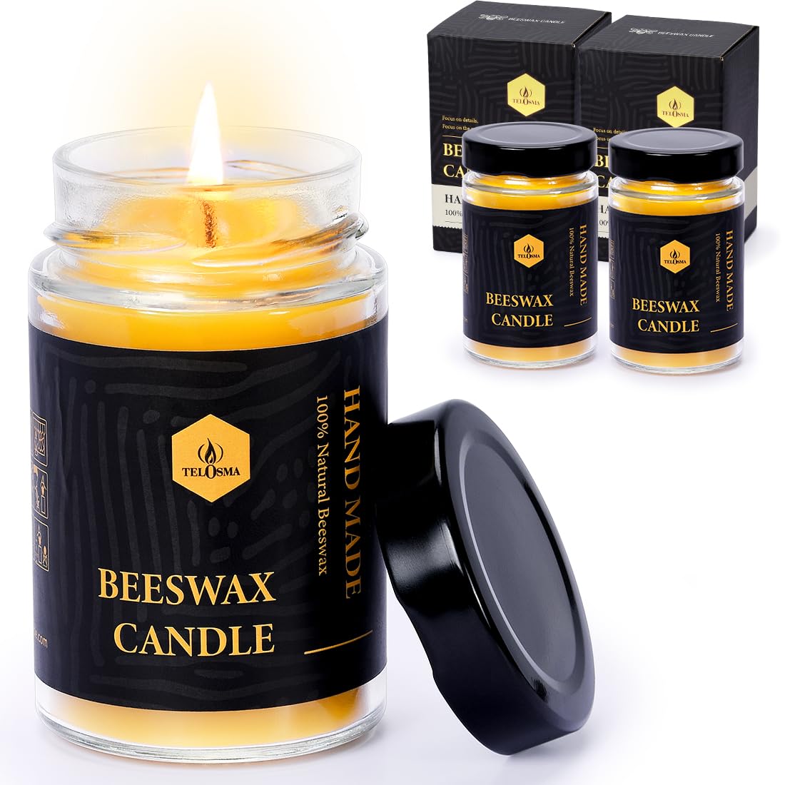 TELOSMASet of 2 Beeswax Slight Sweet Honey Scent Jar Candle in Glass Container, Natural Organic Candle Smokeless Clean Burn | 36 * 2 Hours Burning Time, Yellow