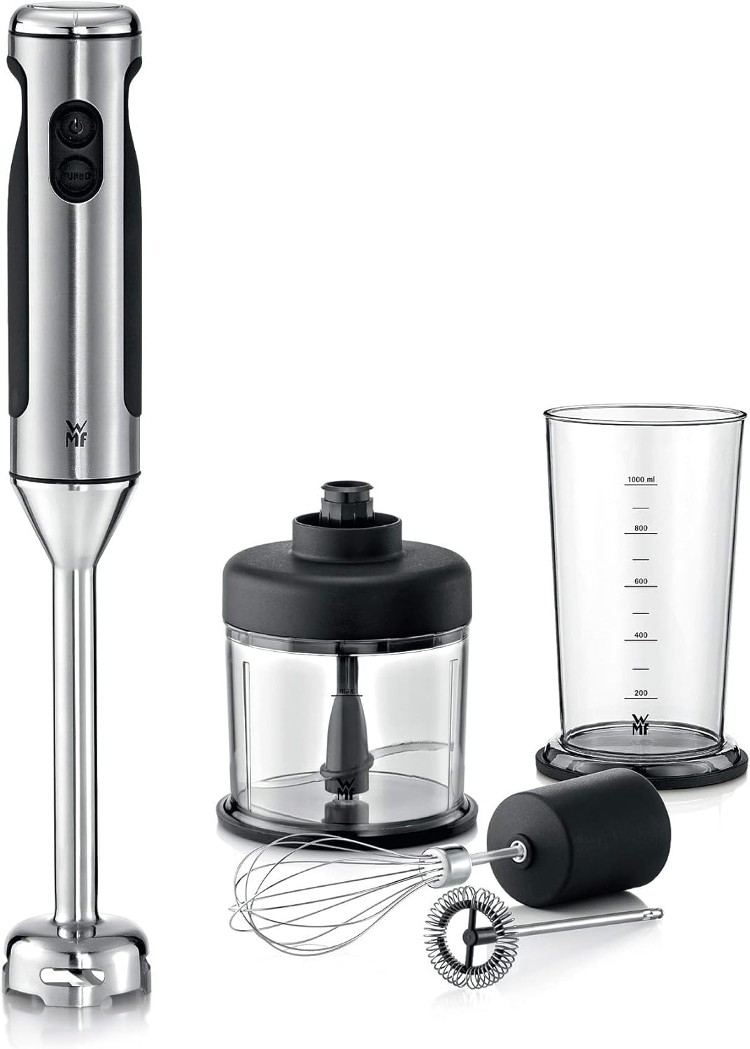 WMF Lineo Edelstab Stabmixer 4 in 1: Pürierstab, Schneebesen, 700 Watt, inkl. Mixbehälter (1l), silber & Kult X Edition Handrührer, Quirl mit 5 Geschwindigkeitsstufen, Handmixer 400 W, schwarz