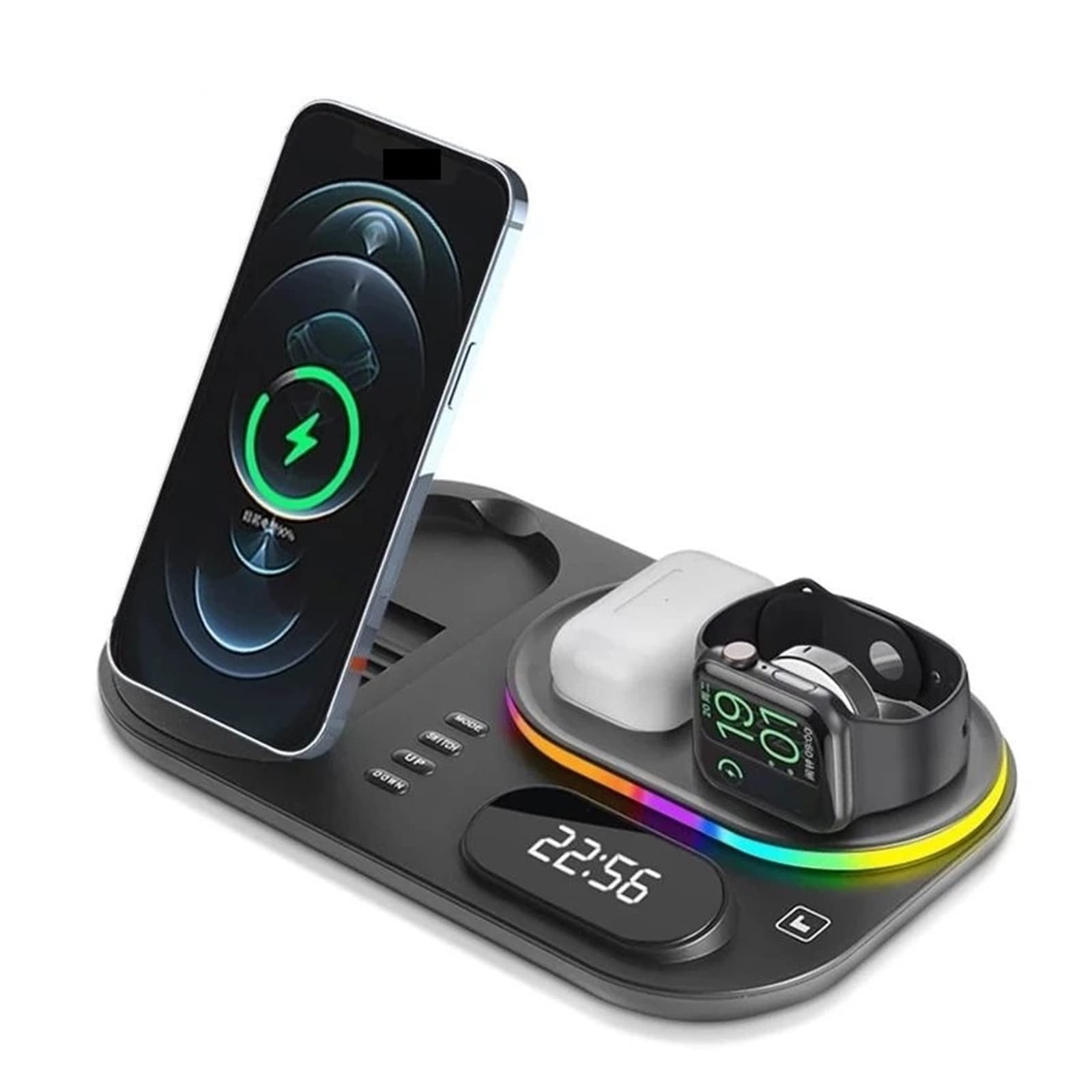 Chargeur sans Fil Chargeurs sans Fil 4 en 1 for téléphone Station d'accueil de Charge Rapide 30W for Montre/écouteurs avec Lampe et Horloge(Blanc)
