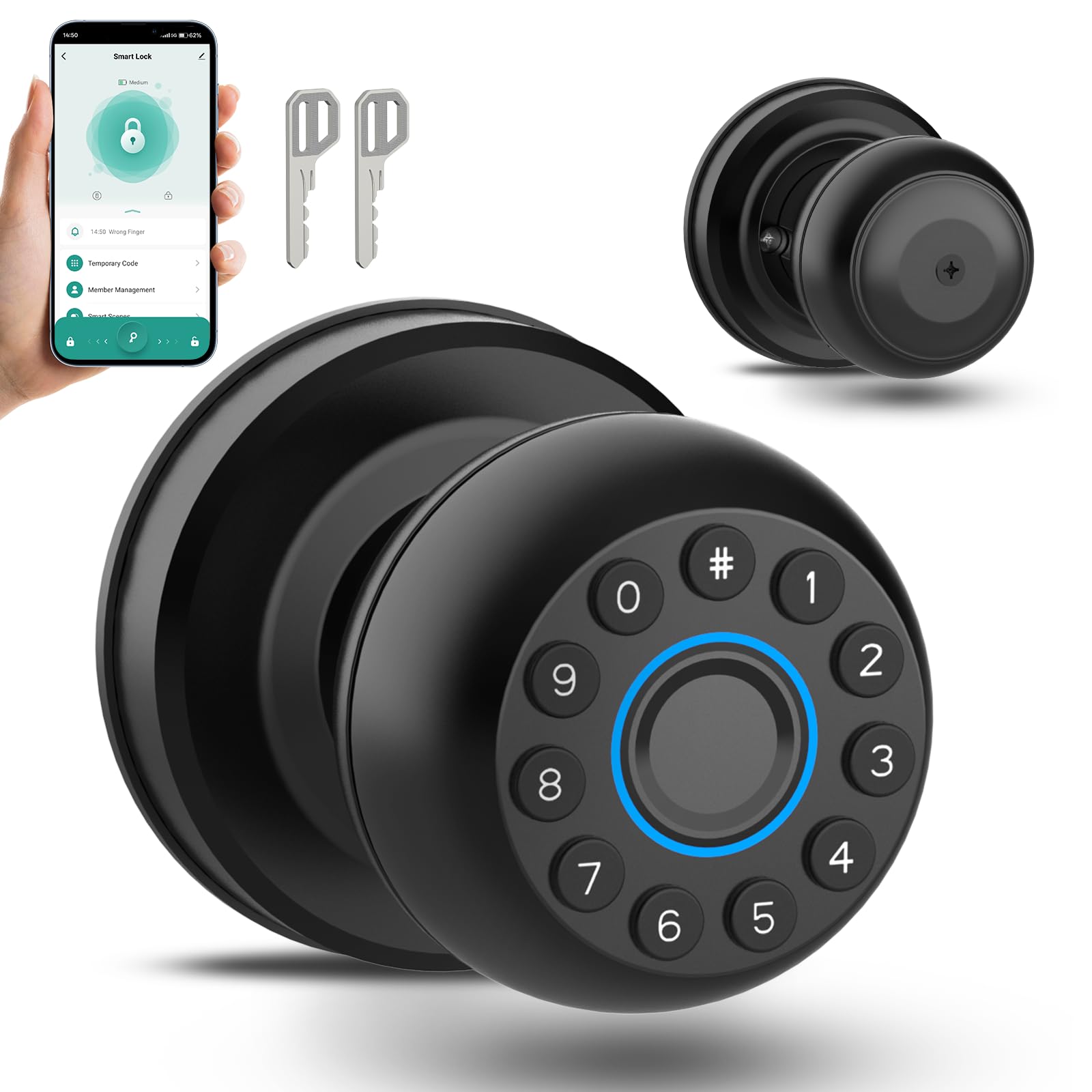 Eseesmart Fingerprint Door Knob, 4-in-1 Smart Lock with Keypad Bluetooth Control, Biometric Door knobs with App Control