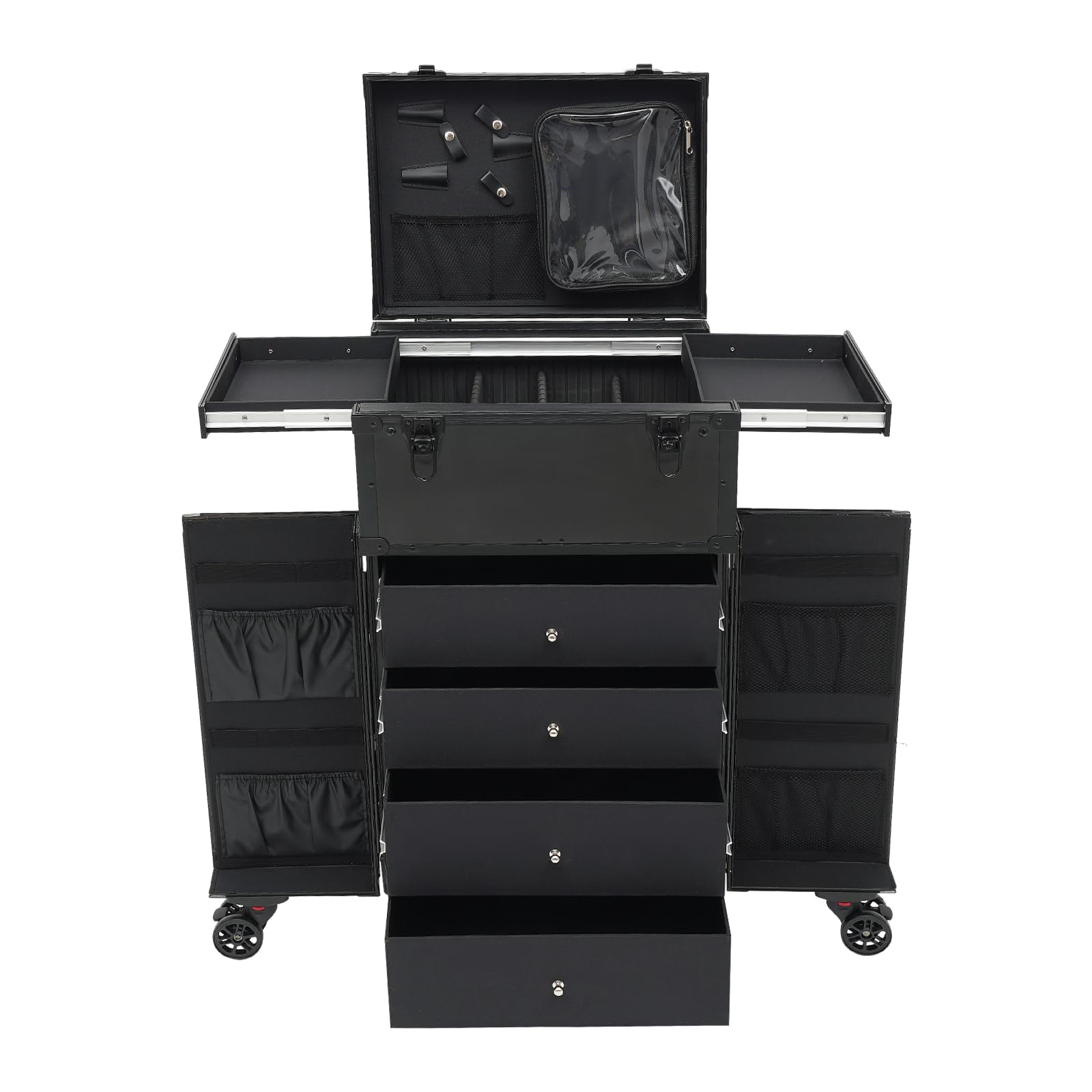 Kosmetik Trolley Kosmetikkoffer Friseurkoffer mit 4 Schubladen Make up Koffer Groß Schminkkoffer Nagelkkoffer Beauty Case Friseur Box Multikoffer Dunkelschwarz mit 6 Rollen