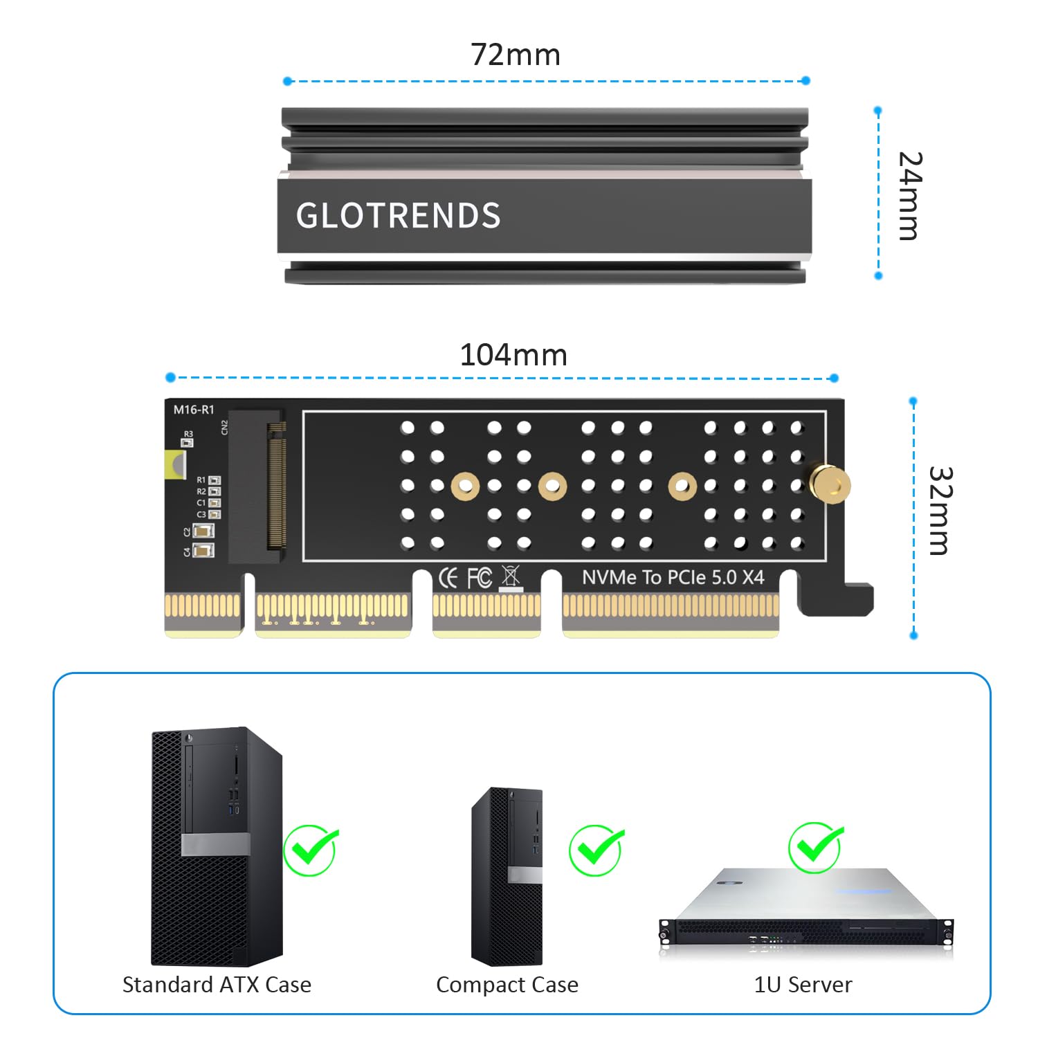 GLOTRENDS PA19-1U adapter M.2 NVMe na PCIe 5.0 X4 bez uchwytu do instalacji serwera PC 1U, aluminiowa osłona radiatora