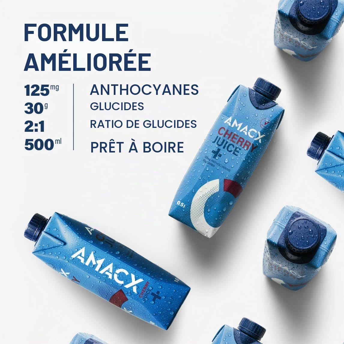 AMACX Cherry Juice+ – 12 x 500 ml – Prêt à boire – 125 mg d'anthocyanes – Favorise la récupération et la régénération