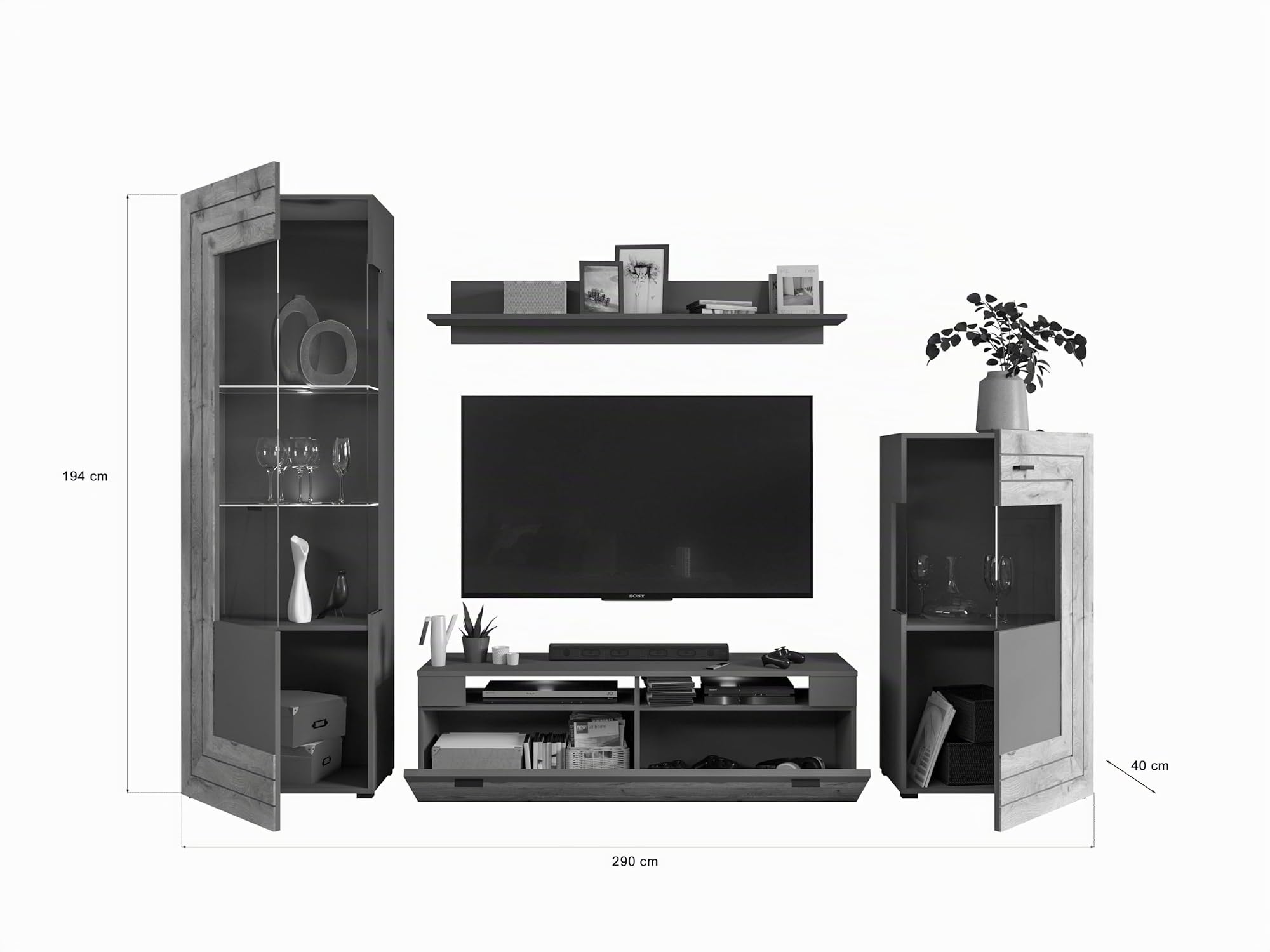 xonox.home - 4tlg. Kombination Freno 40x290x194 cm in grau Nb Absetzung Nox Oak Nb - Wohnkombination Wohnwand Wohnzimmermöbel Wohnzimmerschrank - modern und funktional