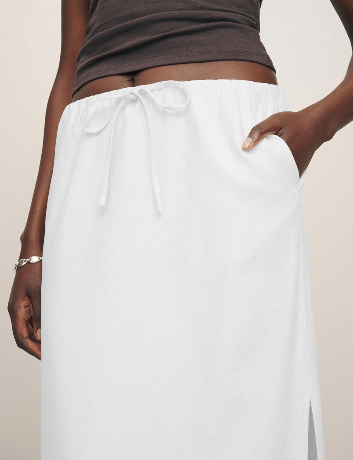 IDEALSANXUN Gonne lunghe da donna in lino alla moda con coulisse in vita elastica con spacco