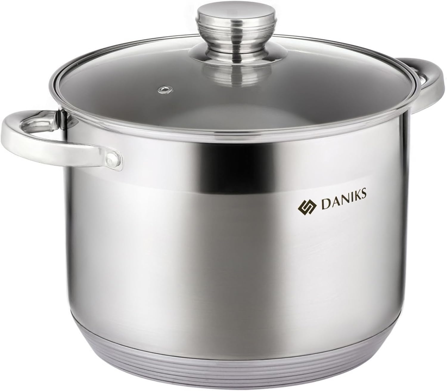 Daniks Standard 10 Quart Stainless Steel Stock Pot with Glass Lid, Tri-Ply Bottom for Even Heating, Induction Compatible, Dishwasher Safe, Built-In Measuring Scale, Silver