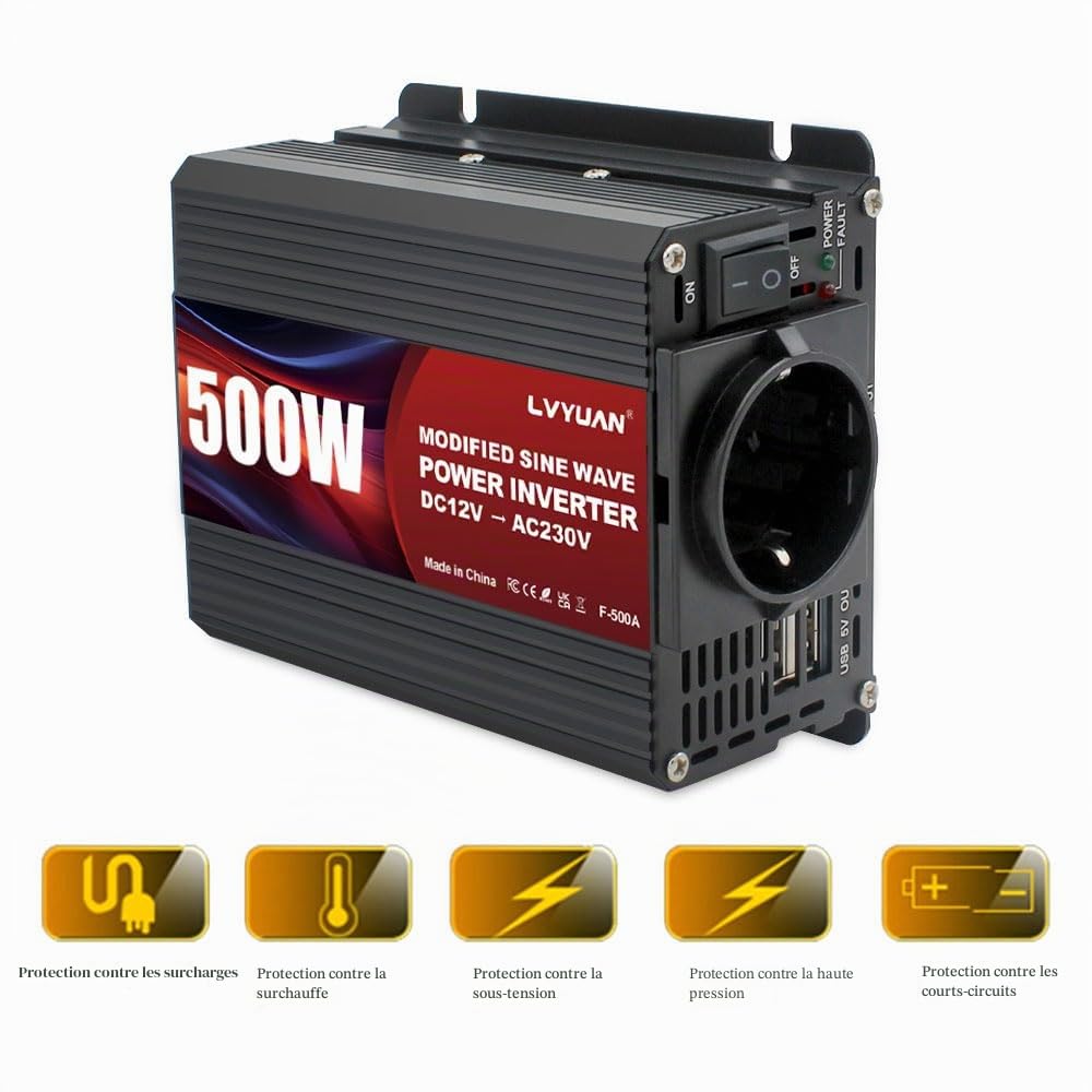 LVYUAN Convertisseur 12V 220V 500W Convertisseur de Tension, Onduleur avec Double Connexion USB et Prises EU, Inverter