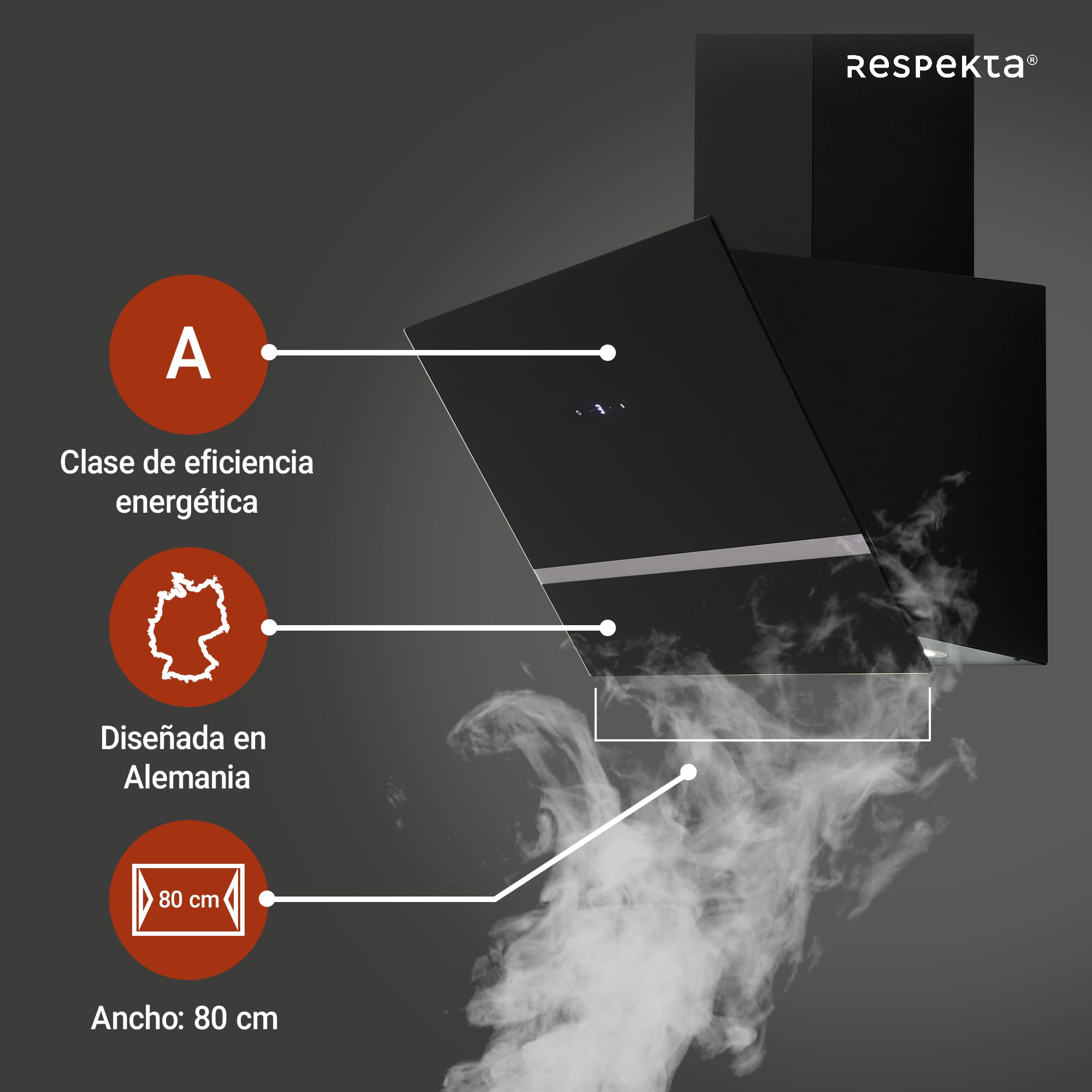 Respekta Campana extractora/caperuza inclinada de 80 cm/carcasa metálica/con pantalla de vidrio en negro/función de extracción y recirculación de aire / CH24080SM / A / 65-70 dB