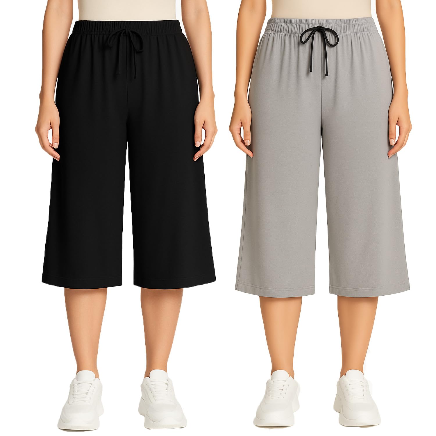 brand flex Women's 3/4 Length Capri Pants, Loose Fit with Drawstring, Black and Grey, Pack of 2-picture-42
