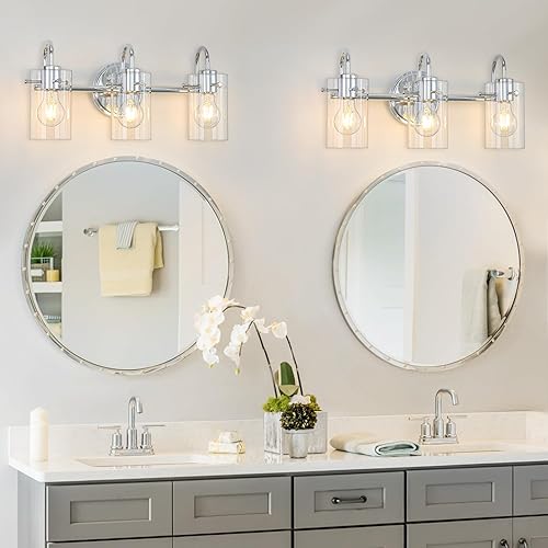 Miniatura 5 de Lámpara de tocador de 3 luces, lámpara de pared de baño de cromo pulido sobre el espejo, aplique de pared moderno con pantalla de vidrio