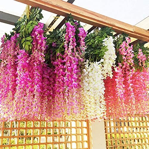 Image of Artificial Hanging Wisteria Flower Vine, Pack of 6, Dark Pink