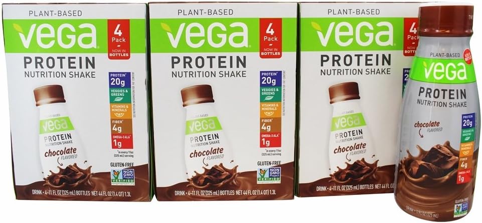 Vega Protein Shakes Ready to Drink, Chocolate - Plant Based Vegan Nutrition Shake with Veggies, Greens, Vitamins & Minerals, Gluten Free, Dairy Free, Soy Free, Vegetarian, Non GMO, 11 Fl Oz (12 Count)