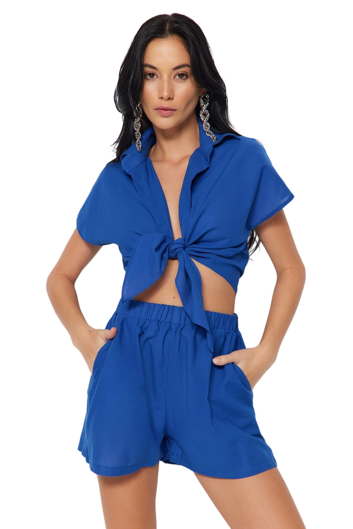 Trendyol Woman Plain Woven Blouse-Shorts Two-Piece Set,Sax,36