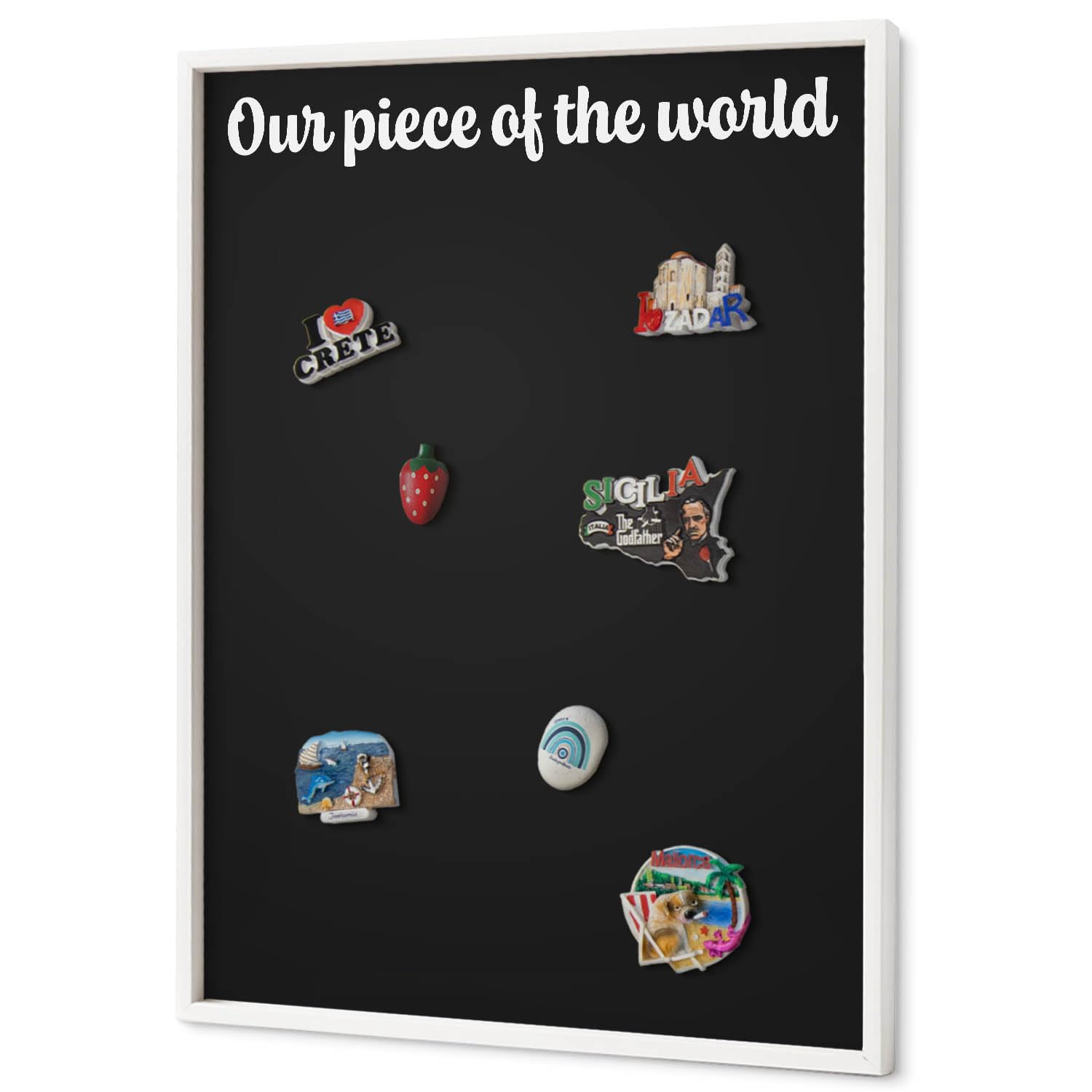 Panel Magnético 70x100 cm | con Marco Blanco | Our Piece Of The World | Montaje Fácil | Organizador de Pared | Para Recuerdos de Vacaciones | Expositor de Imanes de Nevera y Postales | Para Cocina