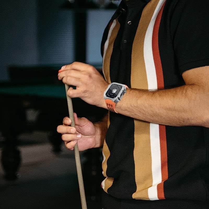 SCHIK Wytrzymała osłona ze stali nierdzewnej, gumowy pasek zastępczy, do zegarka Apple Watch 8, 7, 45 mm, 6, 5, 4, 44 mm, zestaw męski, metalowa ramka, pasek fluorowy, z zapięciem, akcesoria do