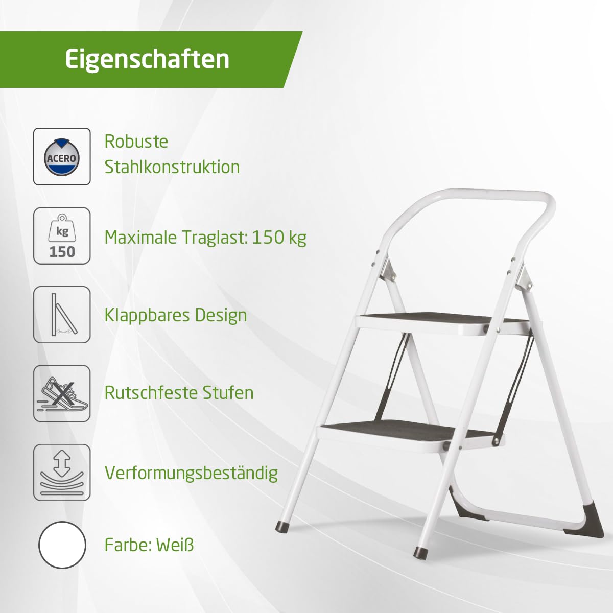 Amig – Klappleiter – Stahlhocker mit 2 rutschfesten Stufen – Maße: 77 x 59 x 48 cm – Maximale Belastung: 150 kg – Weiß Mit schwarzen Protektoren – Für den professionellen und privaten Gebrauch