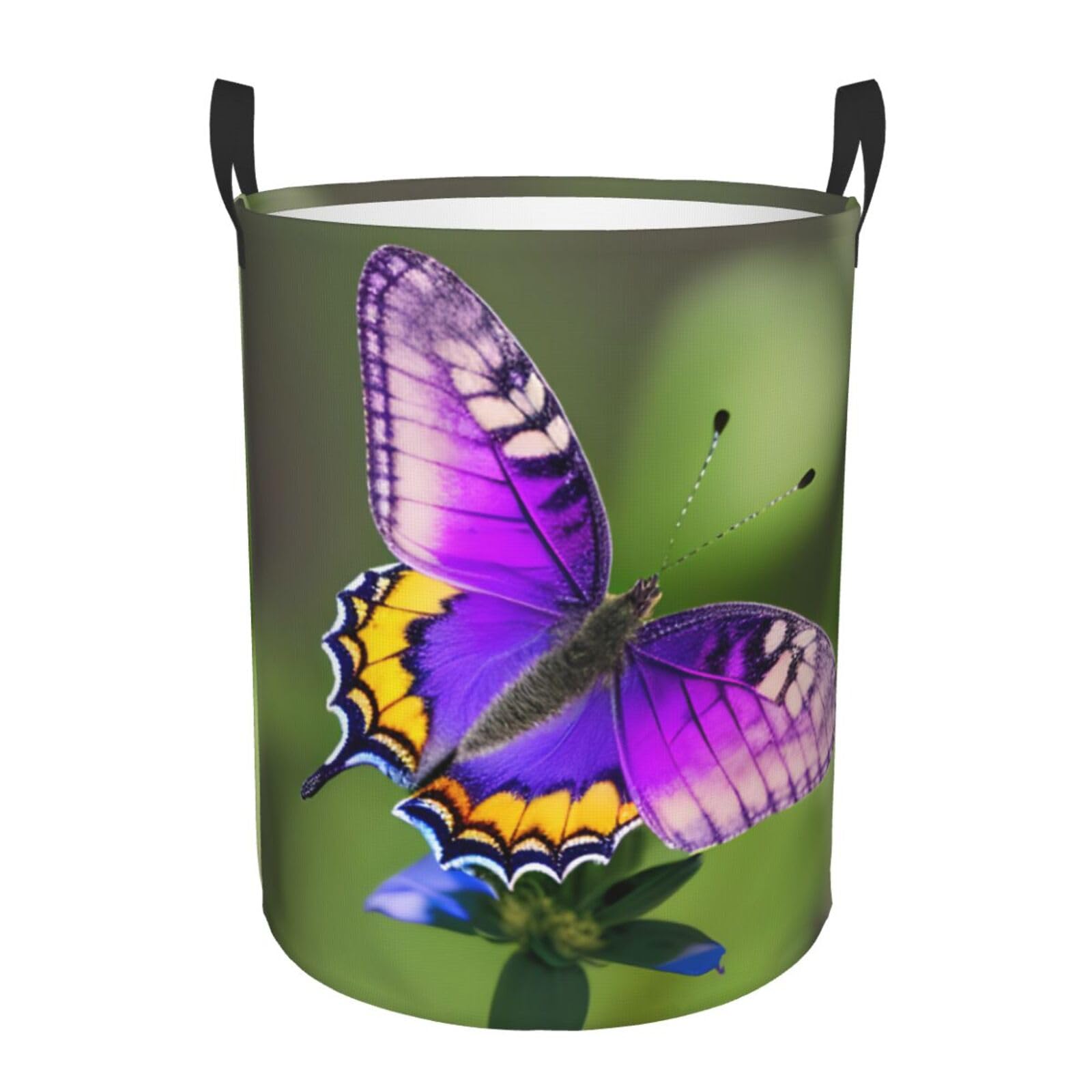 M Collapsible Round Purple Butterfly pattern Print Laundry Hamper