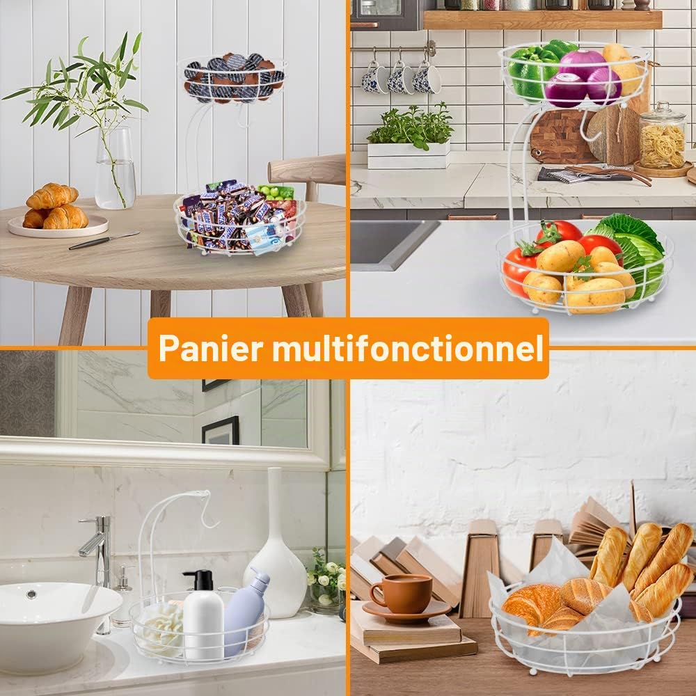 Étagère à fruits panier à fruits à 2 niveaux avec crochet pour banane comptoir de cuisine bol à fruits bols en métal parfait pour contenir des fruits des légumes des collations des cupcakes (blanc)