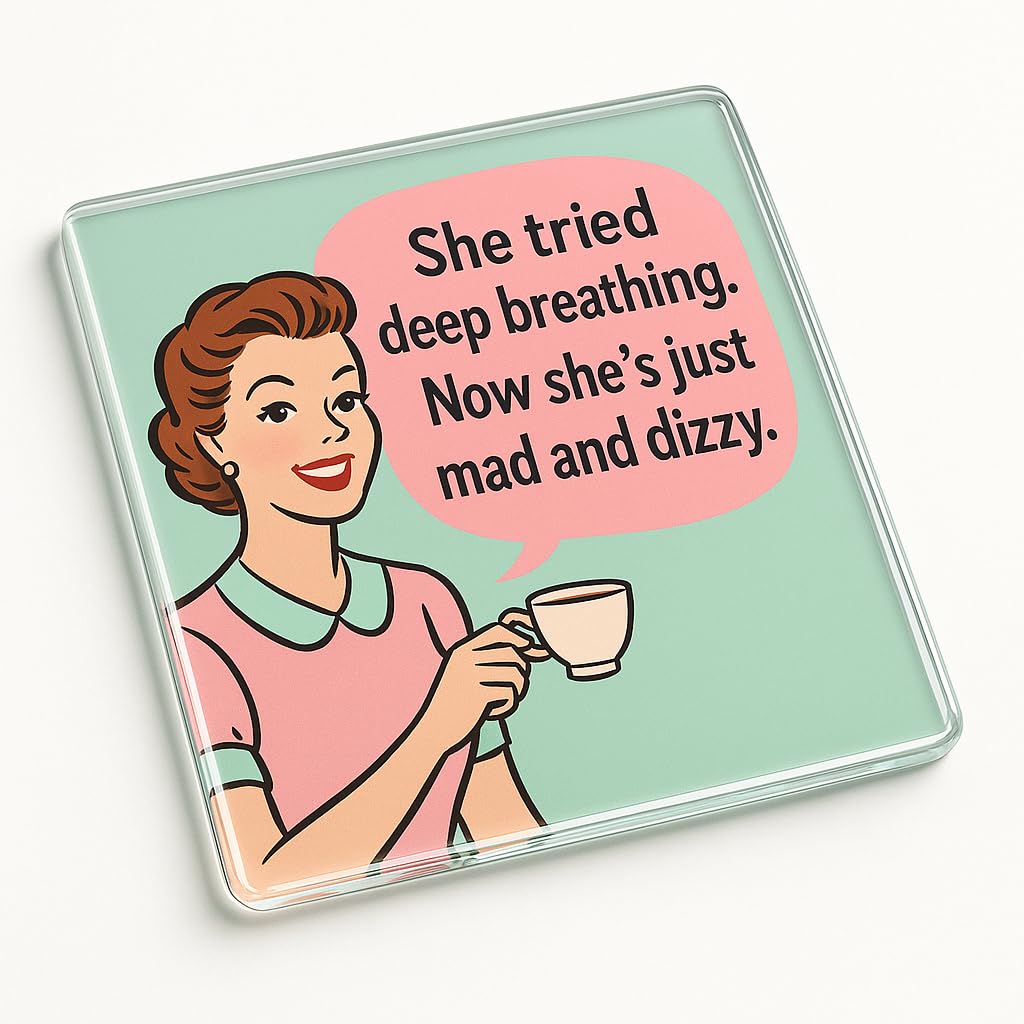 The Plum Penguin Mad And Dizzy Acrylic Coaster Gift With Humorous Retro Housewife Design - Desk Accessory For Friend's Birthday Laughter