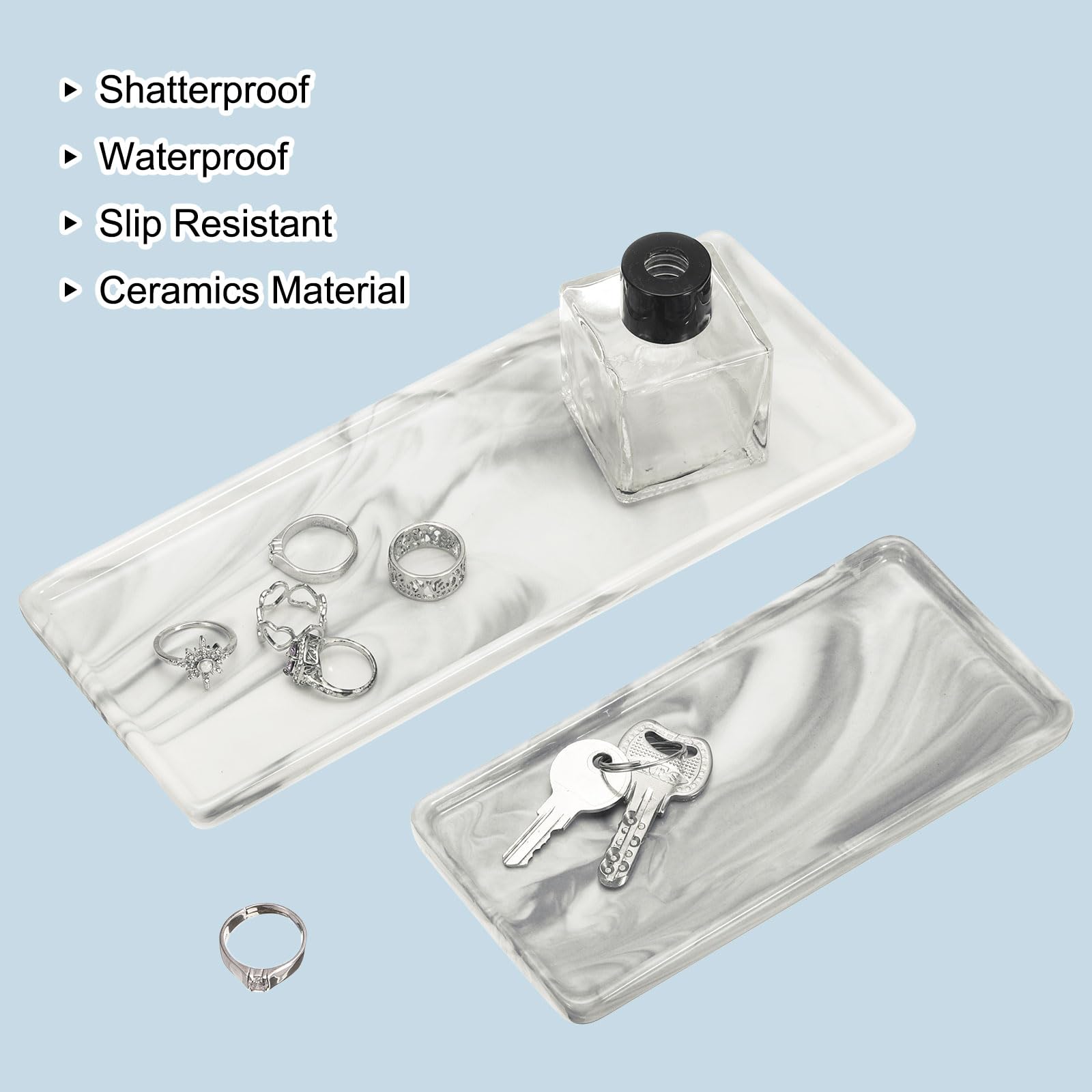 uxcell Lot de 2 plateaux en marbre pour salle de bain - 2 tailles - Petit plateau rectangulaire en céramique pour comptoir, salle de bain, savon, évier de cuisine - Plateau à bijoux - Gris