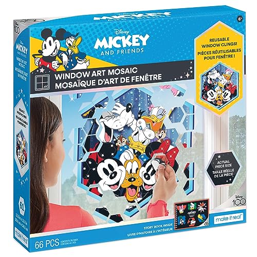 Make It Real Disney: Window Art Mosaic - Mickey & Friends - 66 pcs Reusable Puzzle Window Clings Creates a 12.2 x 13.5 Image Kids Ages 6+