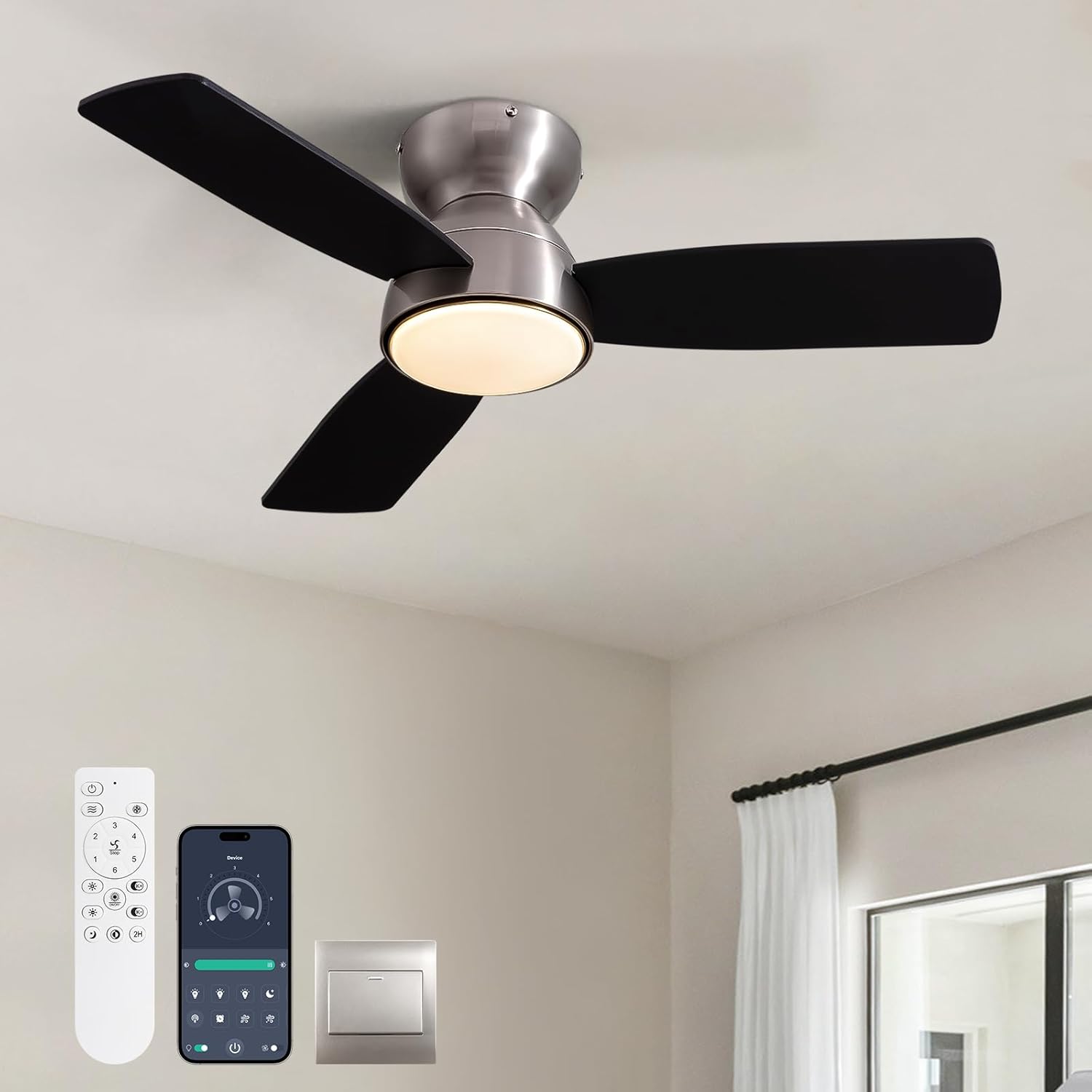 32" Ceiling Fan with Light and Remote/APP Controls, Low Profile Bedroom Fans with Reversible Motor, 6-Speeds,3CCT, Dimmable Timable LED Fandelier for Living Dining Room Kitchen-Nickel