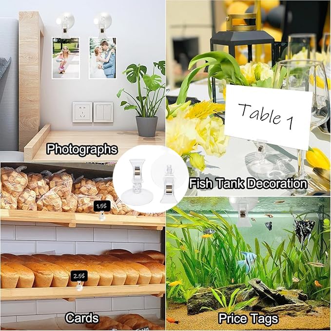12 Pezzi Ganci A Ventosa Con Clip – Multiuso Per Vetro, Piastrelle, Acquario – Porta Etichette, Foto, Permessi Parcheggio – Apertura Clip 1 Cm
